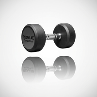 Rogue Fitness Competition Dumbbells in Orange, Neon Yellow, Gray, and Black colors, 15lbs each.