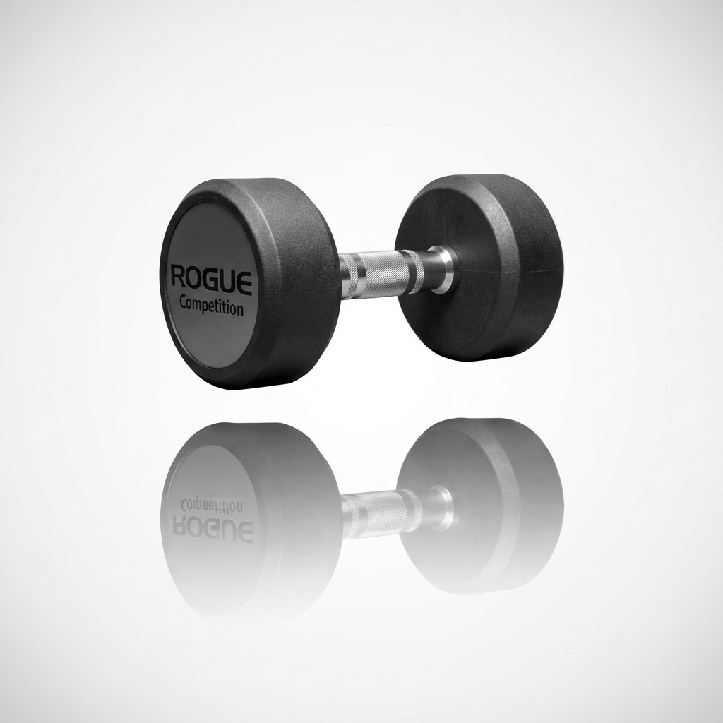Rogue Fitness Competition Dumbbells in Orange, Neon Yellow, Gray, and Black colors, 15lbs each.
